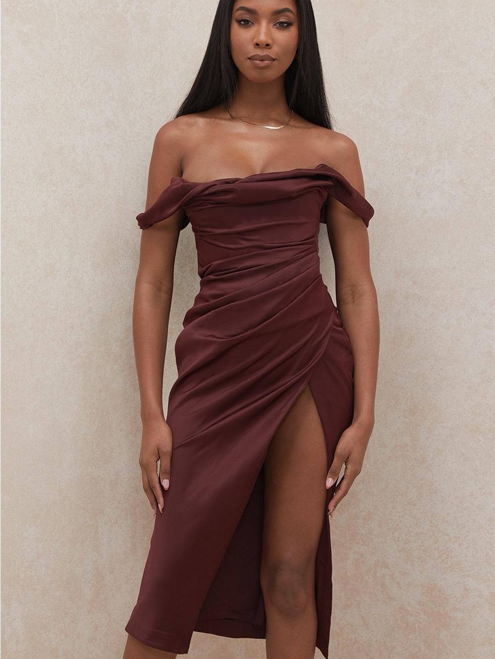 House of CB Rhoda Satin Burgundy Off Shoulder Corset Slit Midi Dress Size Xs NEW